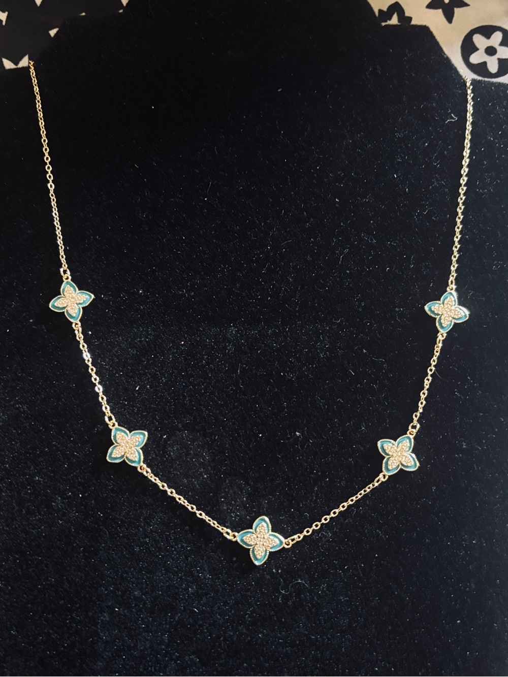 Gold-tone Necklace with Green Clover Motifs - Women's Fashion Jewelry